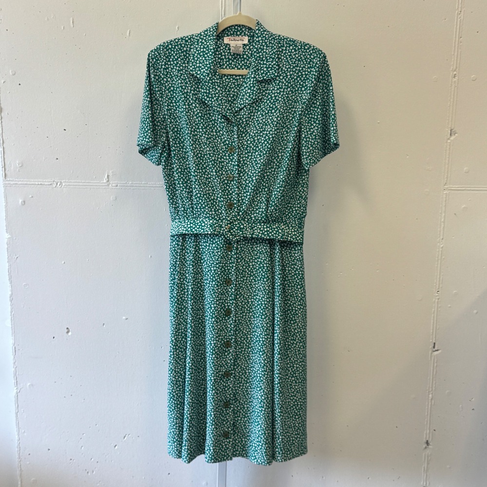 Talbots Vintage Floral Button Down Midi Shirt Dress with 2 Belts Size 10 Green